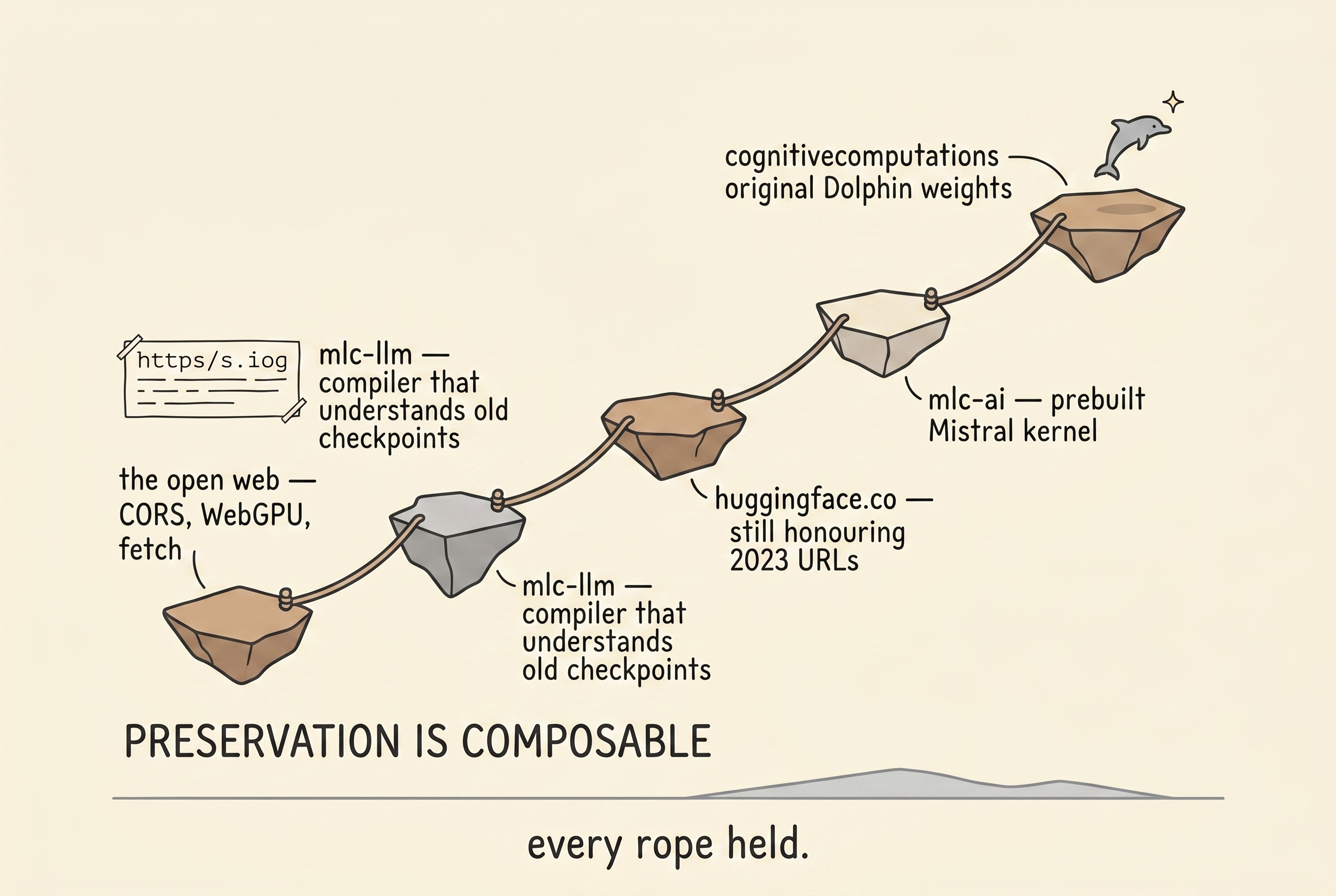 A hand-drawn climbing / traverse route across five boulders roped together, each labelled with one of the archives the resurrection depended on: "the open web — CORS, WebGPU, fetch", "mlc-llm — compiler that understands old checkpoints", "huggingface.co — still honouring 2023 URLs", "mlc-ai — prebuilt Mistral kernel", "cognitivecomputations original Dolphin weights". A small dolphin leaps from the final boulder. Caption: "PRESERVATION IS COMPOSABLE / every rope held."