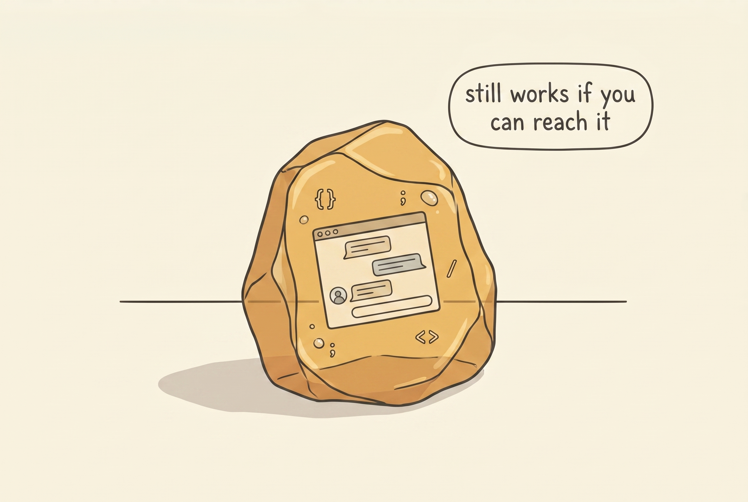 A hand-drawn amber-like rock with a small chat interface embedded in it, captioned "still works if you can reach it"