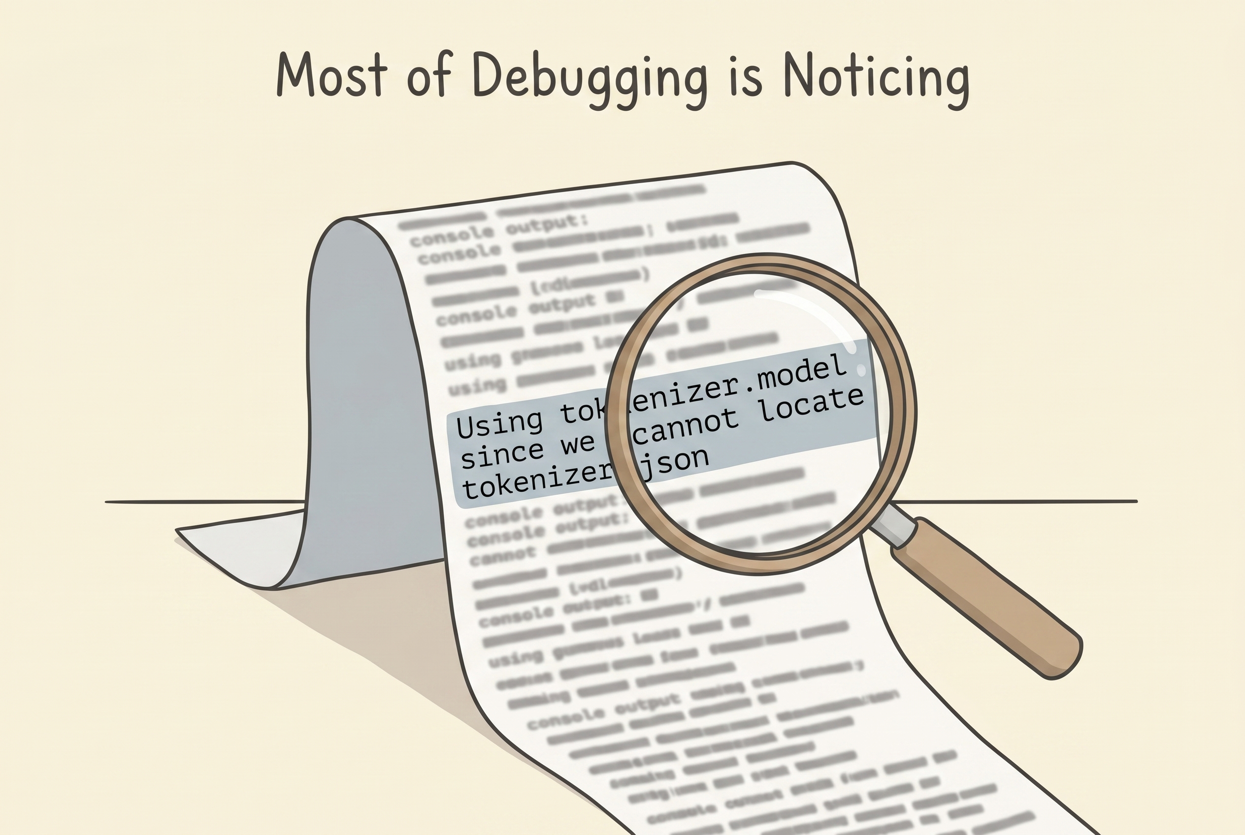 A long scroll of console output with a magnifying glass hovering over it, zooming in on a single highlighted line: "Using tokenizer.model since we cannot locate tokenizer.json". Titled "Most of Debugging is Noticing".