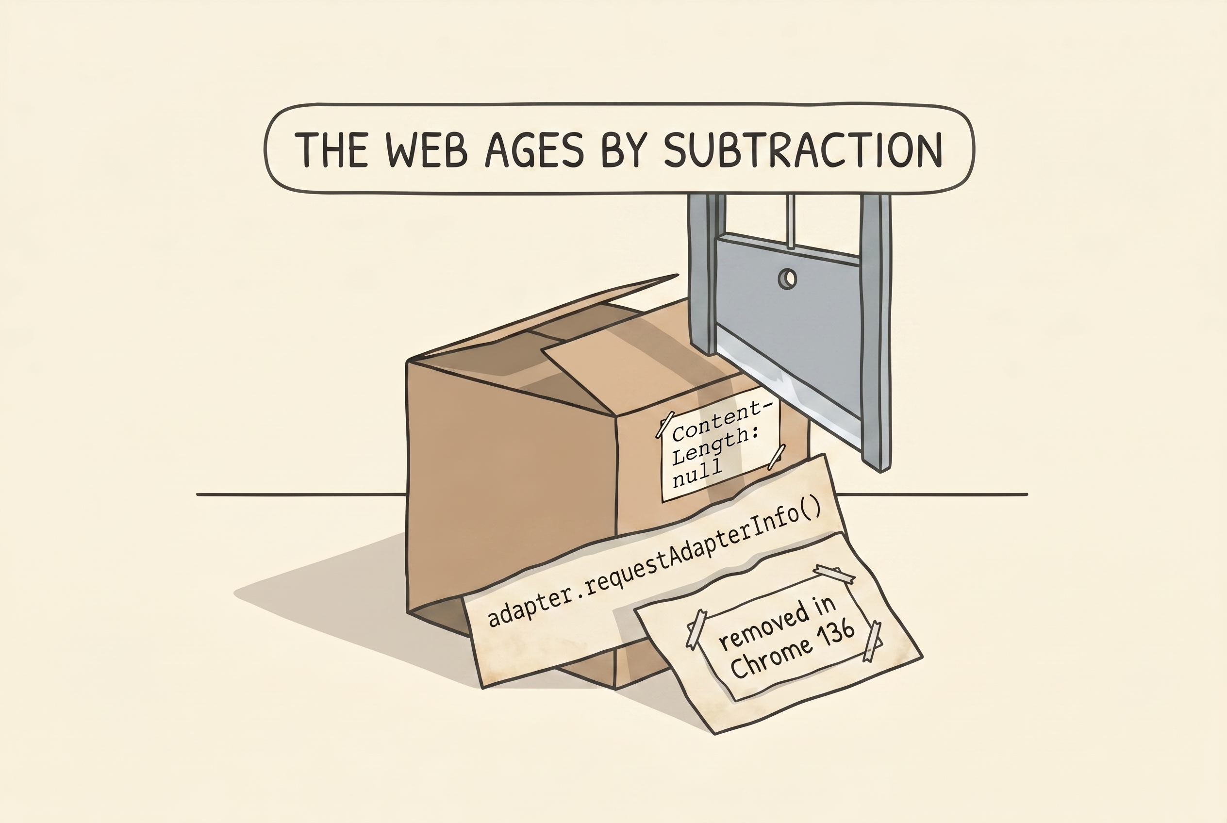 A cardboard box sitting under a guillotine-like trapdoor, with removed items labelled "adapter.requestAdapterInfo()", "Content-Length: null", and "removed in Chrome 136" scattered around it. Banner above reads "THE WEB AGES BY SUBTRACTION".