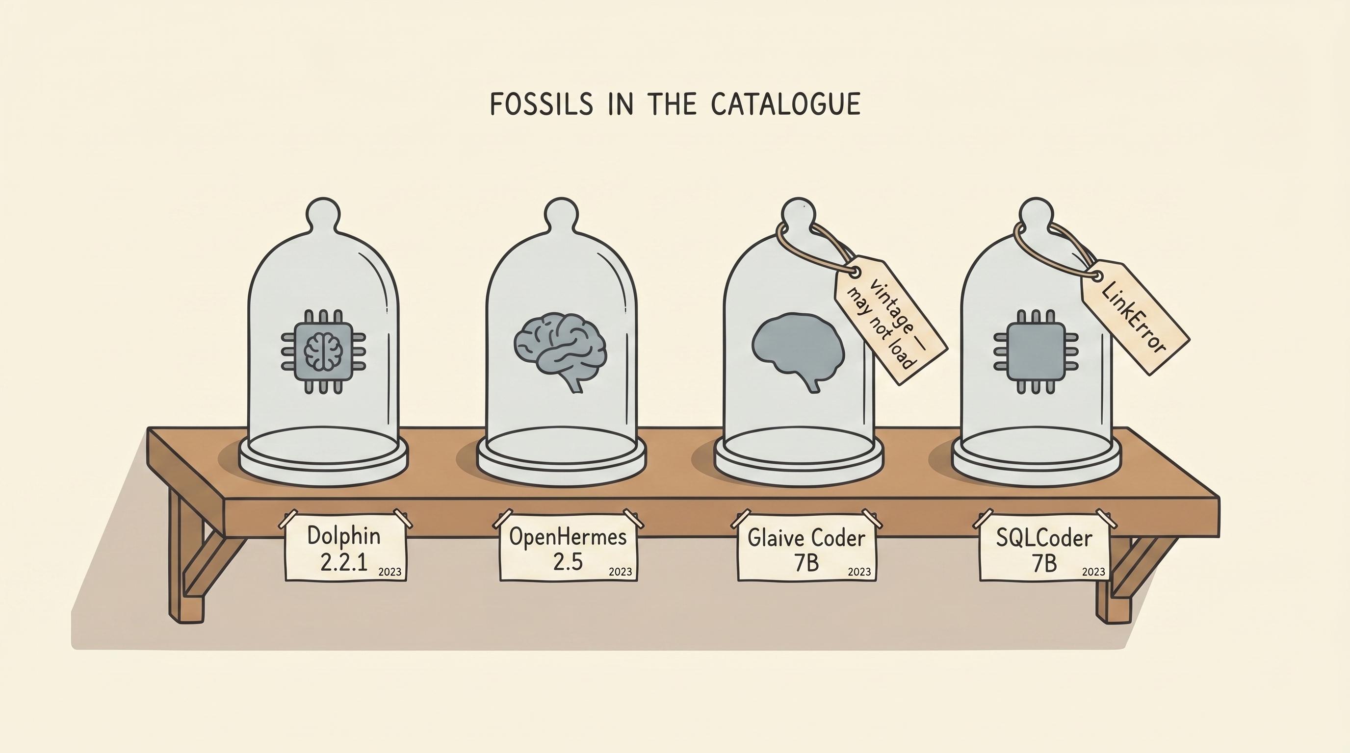 Four models — Dolphin 2.2.1, OpenHermes 2.5, Glaive Coder 7B, SQLCoder 7B — arranged under glass bell jars on a shelf, two of them tagged "vintage — may not load" and "LinkError". Titled "FOSSILS IN THE CATALOGUE".